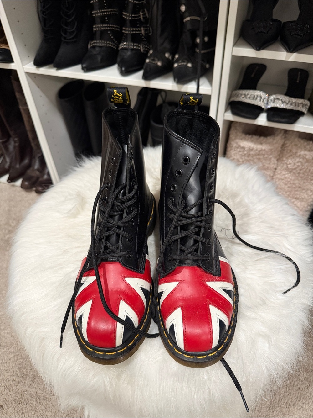 Dr. Martens Black Leather Lace-Up Boots with Red and White Union Jack Toes